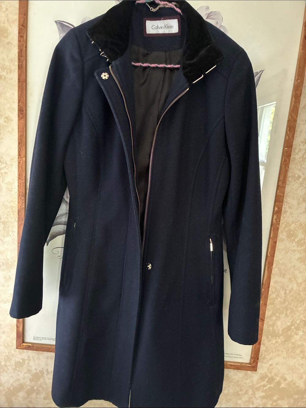 Calvin Klein Navy Wool-Blend Long Trench Coat